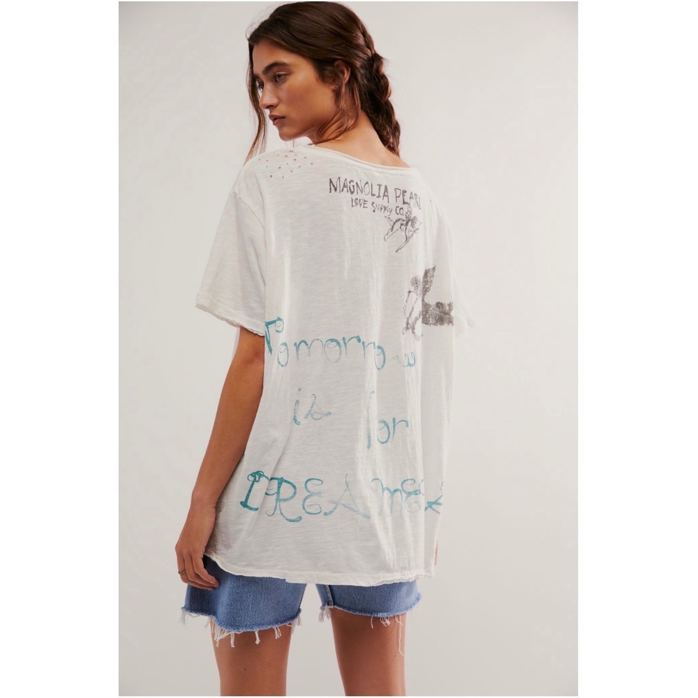 Magnolia Pearl Inner Peace Graphic Boyfriend Tee White Cotton O/S Distressed - Picture 3 of 8